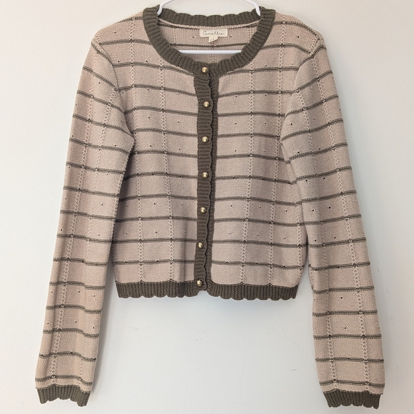 Camellia Sweaters - Camellia Beige and Olive Green Striped Cardigan